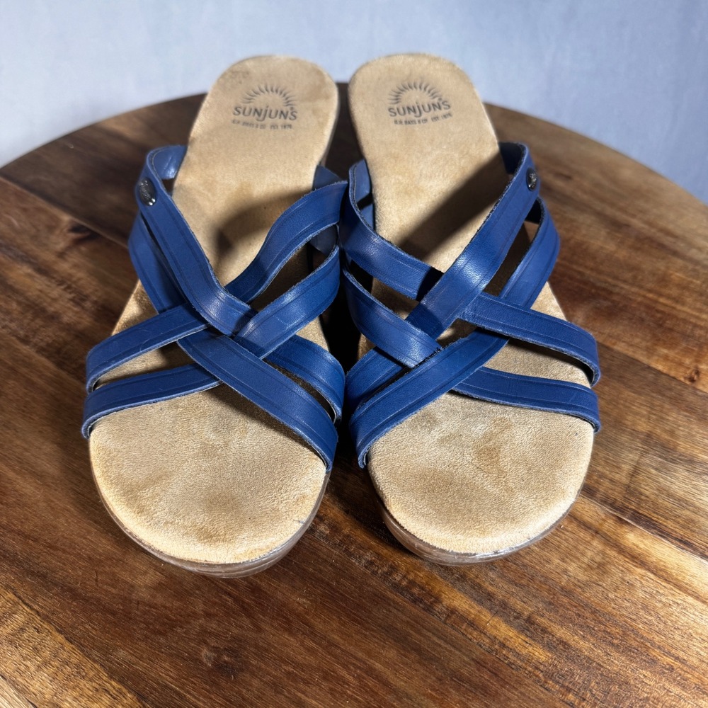 Sunjuns G.H. Bass Sheila Navy Blue Leather Strappy Wedge Sandals Womens 8.5M